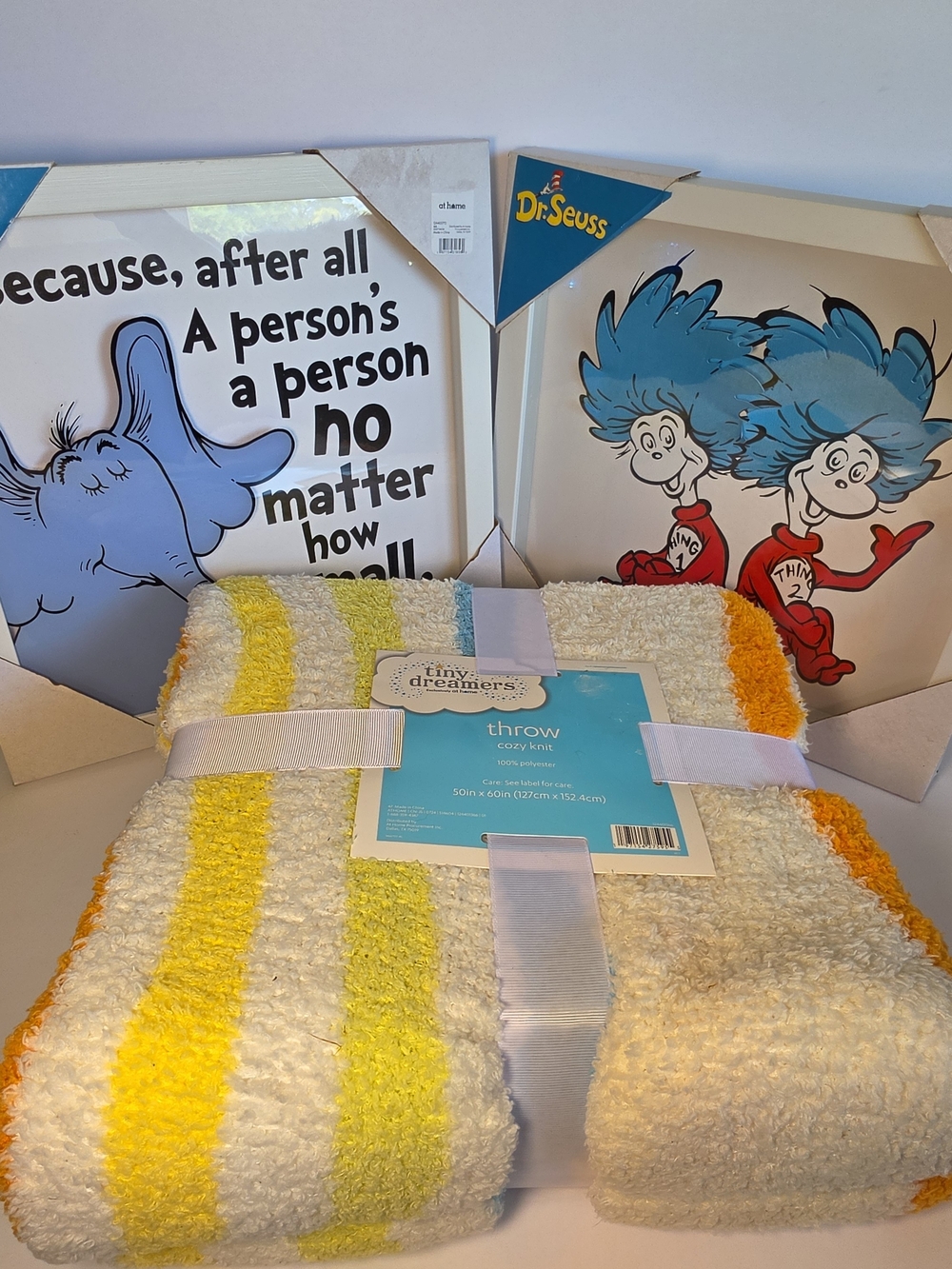 Dr. Seuss Framed Prints with Cozy Yellow & Orange Striped Throw